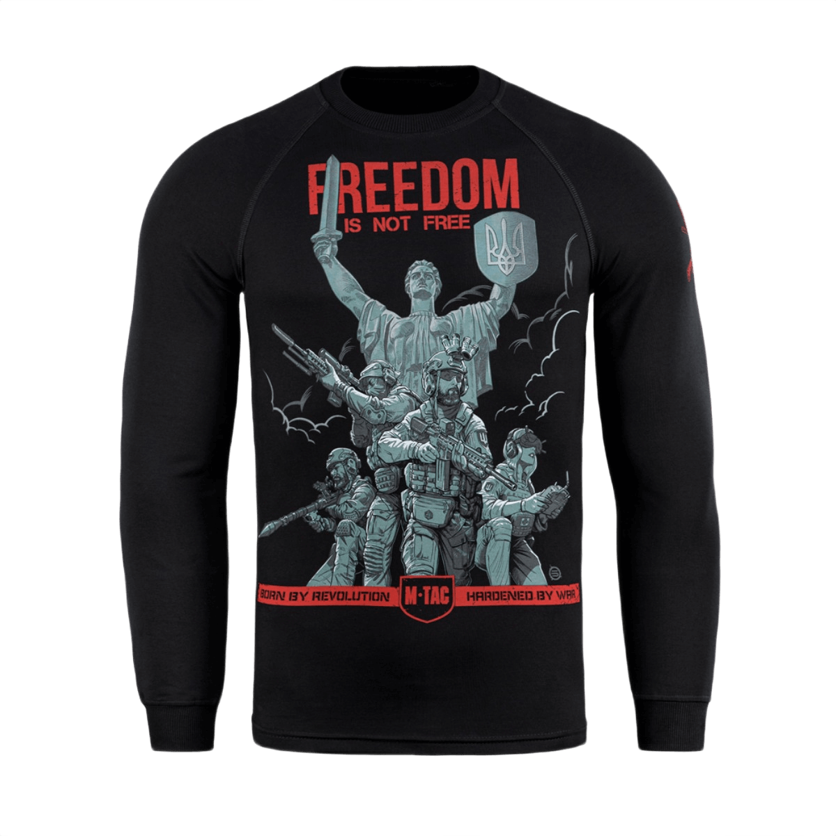M-Tac Raglan Freedom bluse med tryk af ukrainske soldater foran Moderlandet, fremhæver styrke og mod. Perfekt til dagligt og aktiv brug.