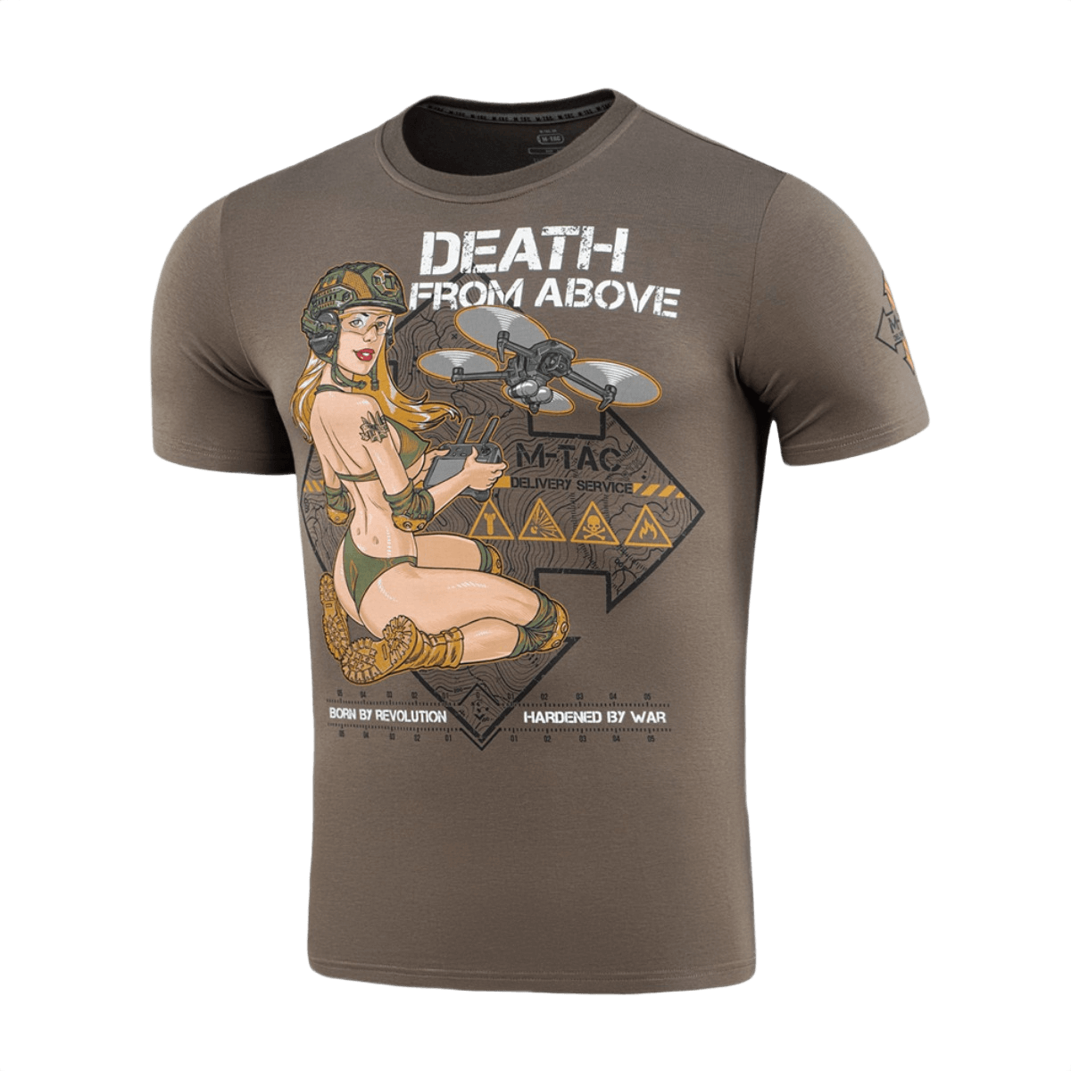 M-Tac T-Shirt Delivery Service med amerikansk Pin-Up-design og teksten 'Death from Above' kombinerer stil og styrke.