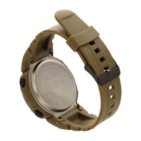 Bagsiden af M‑Tac Taktisk Compass Ur med gummiarmbånd og vandtæt design, perfekt til udendørs aktive begivenheder.