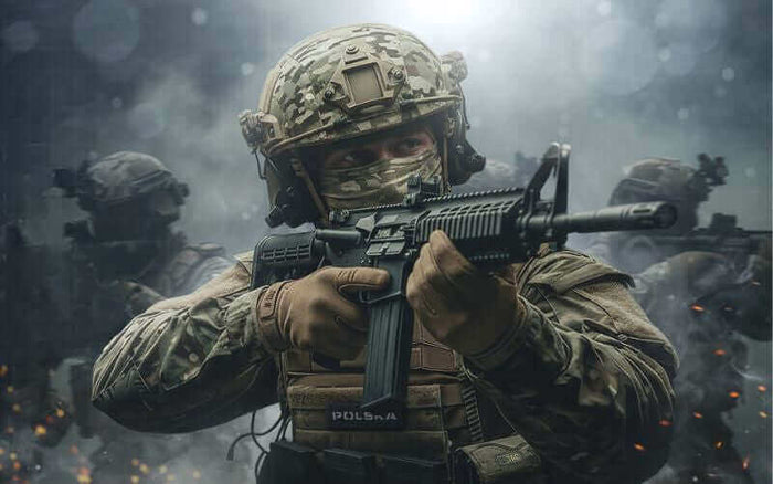 Soldat i fuld kamoflage holder et automatgevær i kamp, tæt på i fokus.