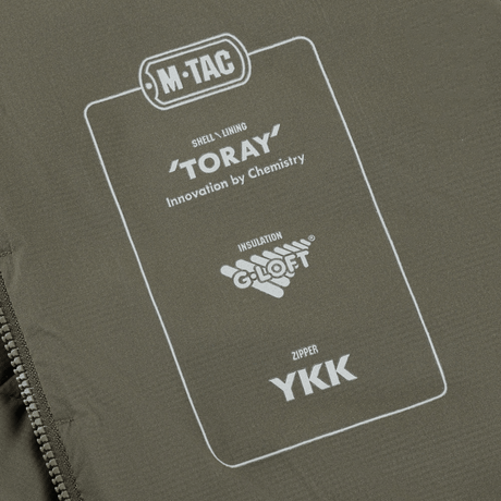 M-Tac Jarl Jakke materialespecifikationer med Toray, G-Loft og YKK lynlås for maksimal varme og komfort.