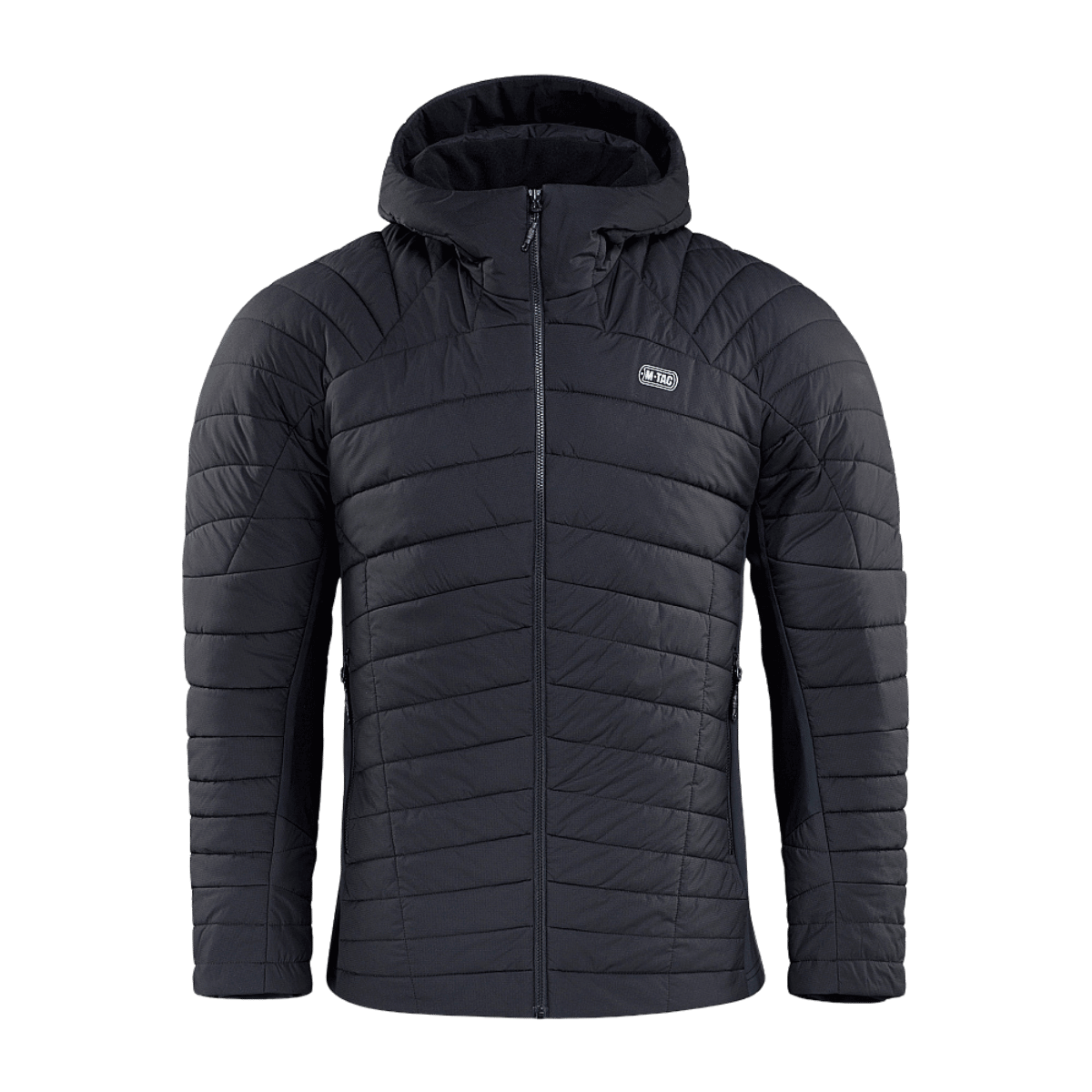 Alsidig M-Tac Jarl Jakke til overgangssæsonen i sort, lavet af åndbart Toray nylon med G-Loft isolering. Ideel til kulde og vindbeskyttelse.