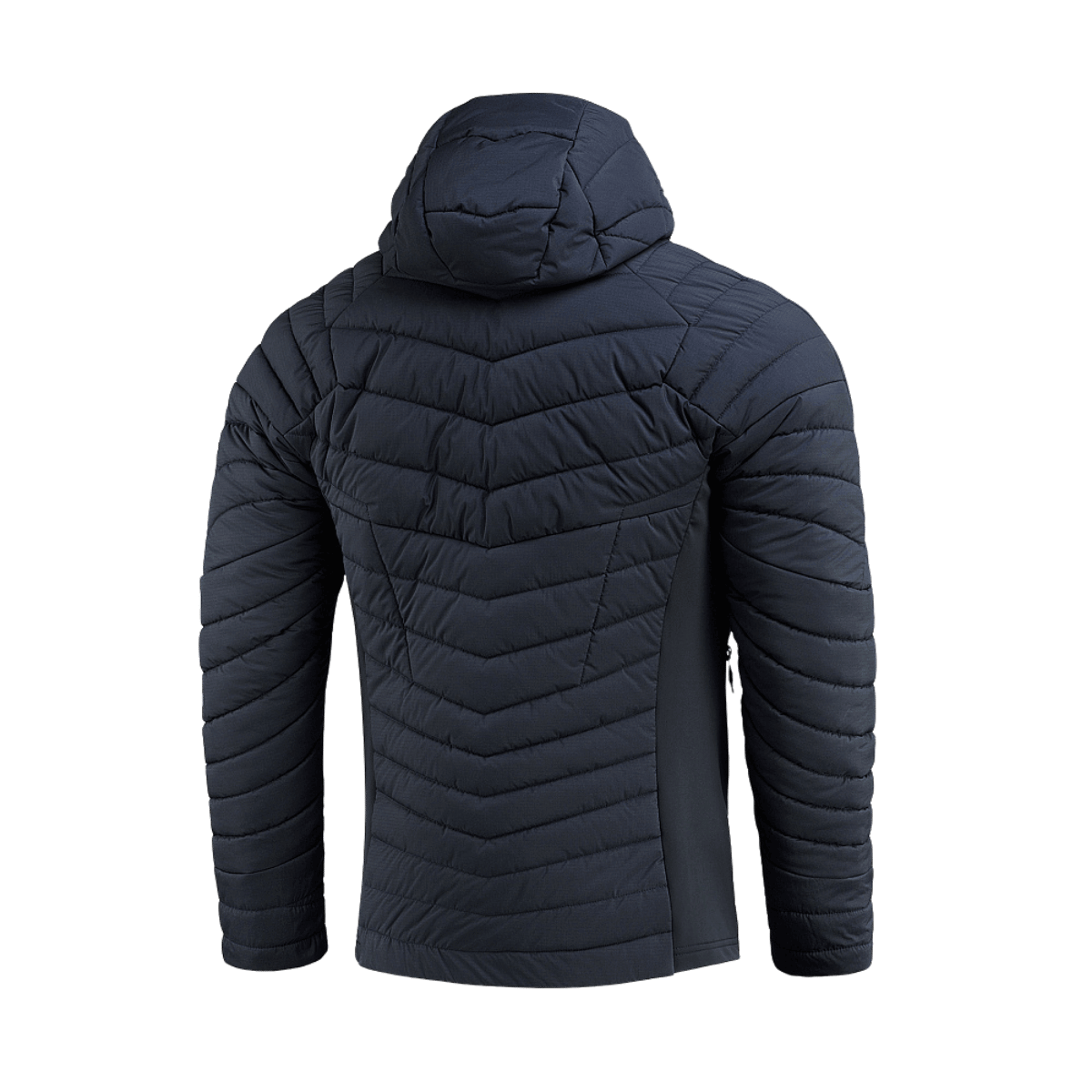 M-Tac Jarl Jakke til mænd, set bagfra, designet med åndbart Toray stretch nylon og G-Loft isolering, i en elegant sort farve.