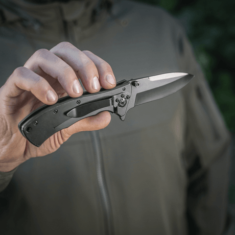 M-Tac Outdoor & Militær foldekniv - Type 7 holdt i hånd, letvægts krom rustfrit stål, sort belægning, taktisk EDC-kniv