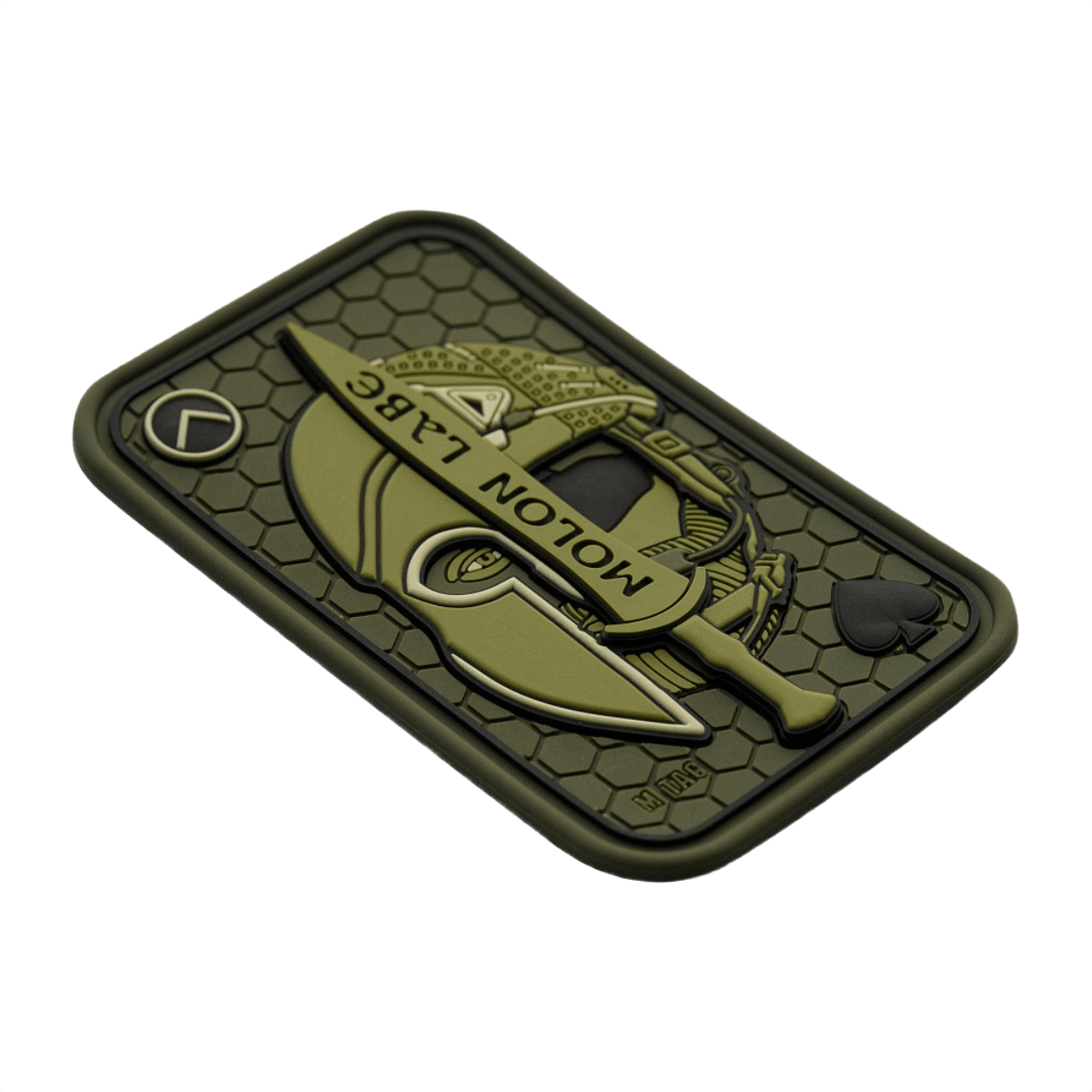 M-Tac Patch Molon Labe 3D PVC, taktisk patch inspireret af 300 spartanere, grøn gummi med velcro, perfekt til uniform eller rygsæk.