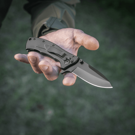 M-Tac Outdoor & Militær foldekniv - Type 7 - letvægts taktisk kniv med klinge i 5Cr15MoV stål, sort belægning og frame-lock system