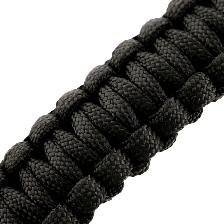M-Tac Paracord Armbånd med Ildstarter, Kompas og Fløjte i sort tæt vævet design til overlevelse og friluftsliv.