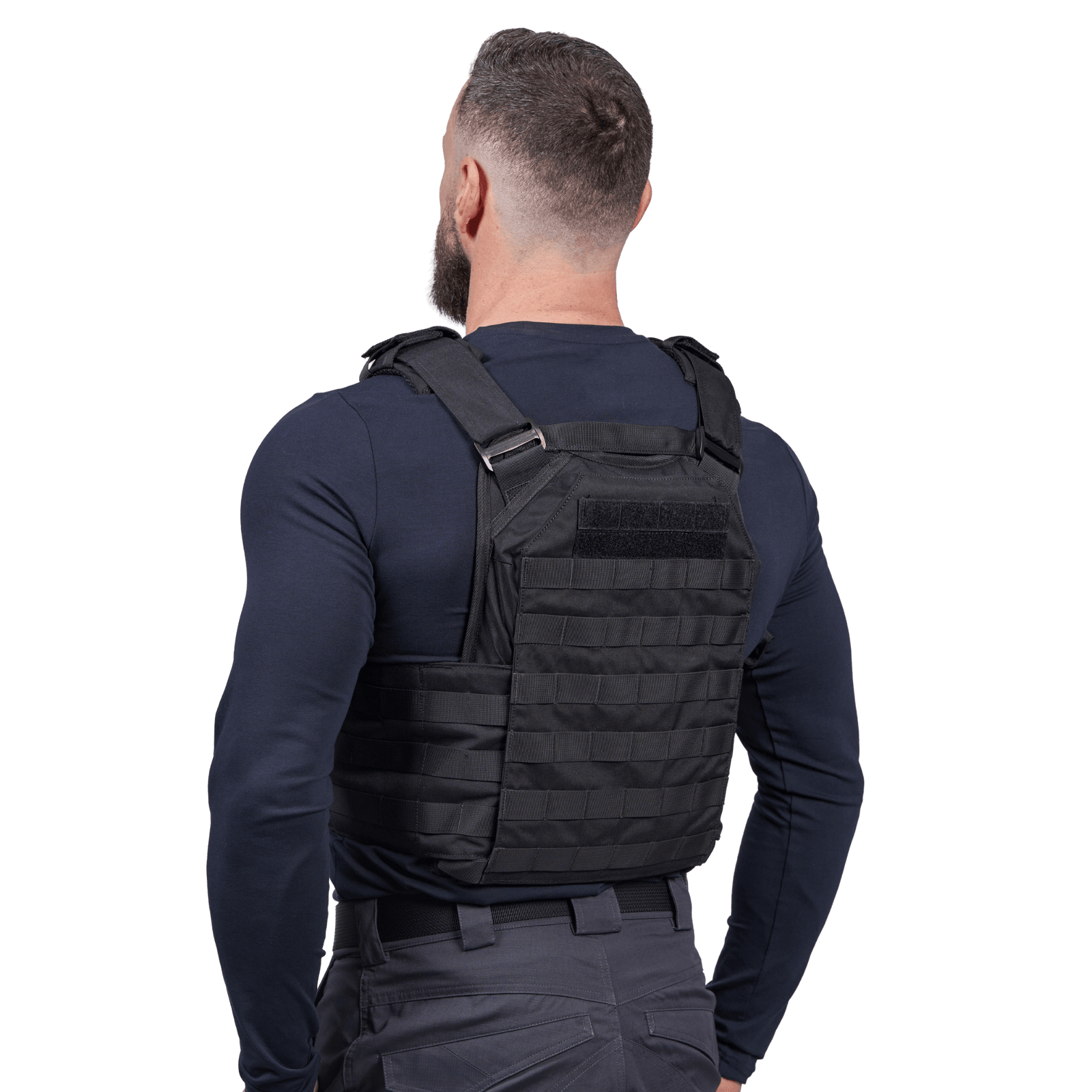 EA Plate Carrier Sort i galleri position 1 set bagfra med modulært bæresystem og robust materiale til NIJ-certificeret taktisk beskyttelsesvest.