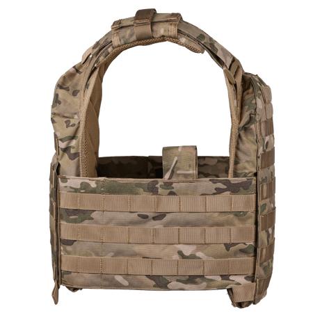EA Plate Carrier Camo i camouflage med slidstærkt materiale til professionel skudsikker kropsbeskyttelse, galleri position 1 set forfra.