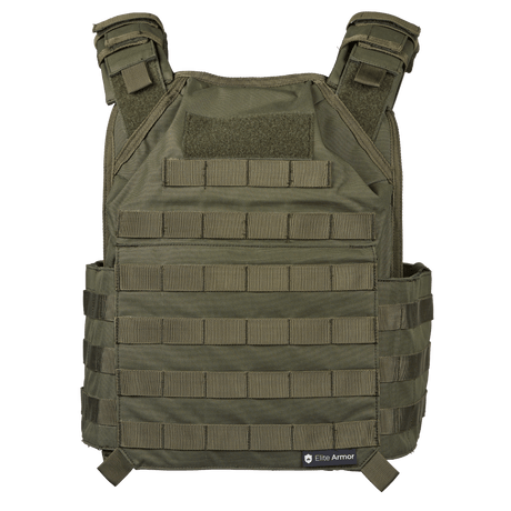 EA Plate Carrier Grøn i galleri position 1 med modulære lommer i slidstærkt materiale og NIJ-certificeret stik- og skudsikker vest.