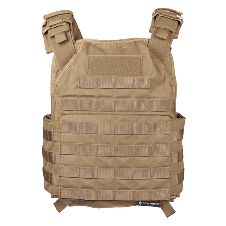 EA Plate Carrier Khaki i galleri position 1 med modulært, slidstærkt materiale til NIJ-certificeret skudsikker vest for professionel kropsbeskyttelse.