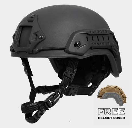 Black high-cut ballistic helmet with free cover, 3A protection level for military use.