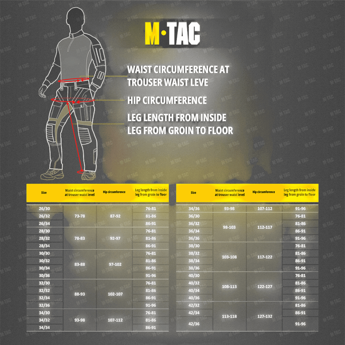 Størrelsesguide for M-Tac Bukser Aggressor Elite NYCO med talje, hofte og benmål. Ideel til træning, arbejde og rejser.