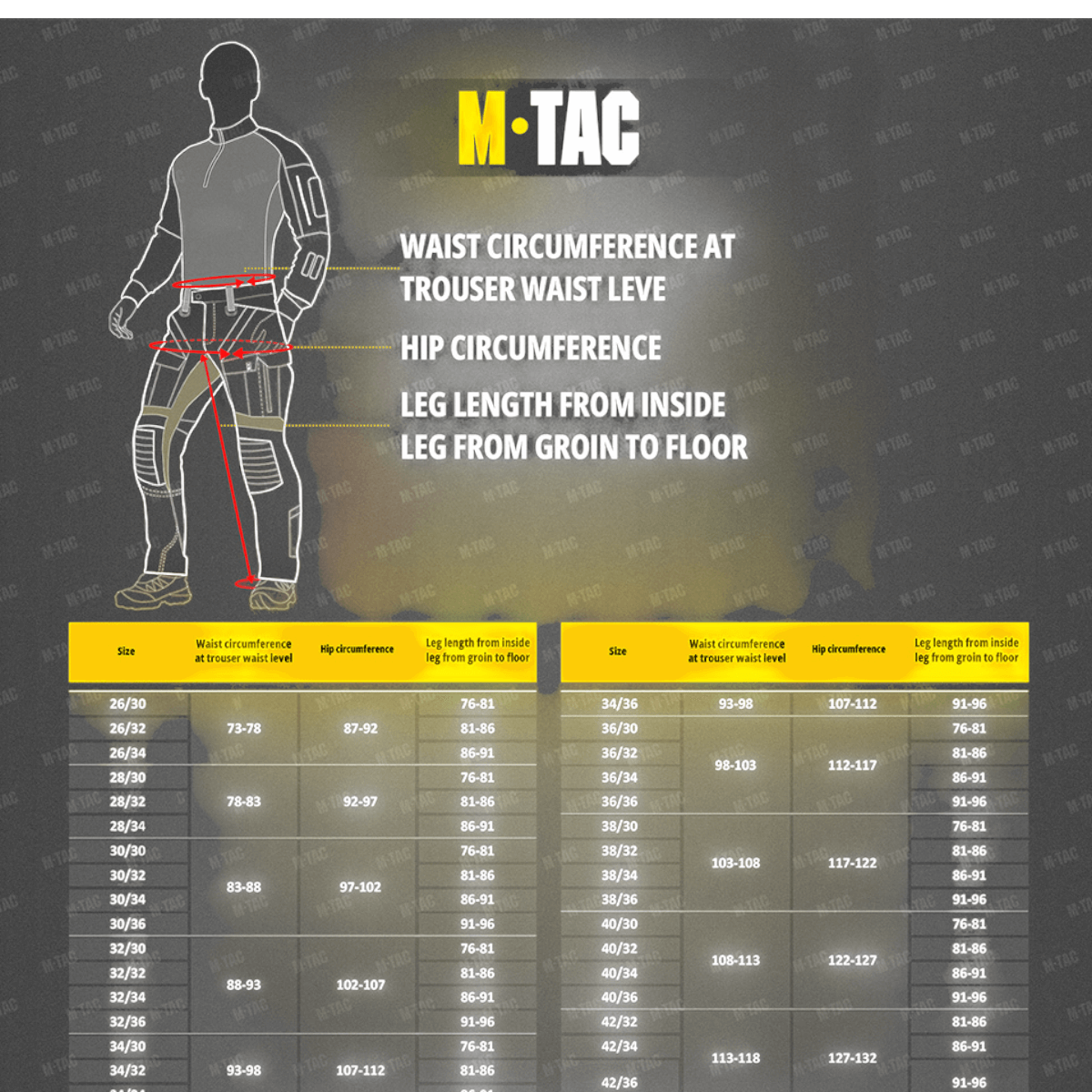 Størrelsesguide for M-Tac Bukser Army NYCO Extreme med talje- og hoftemål samt benlængde diagram