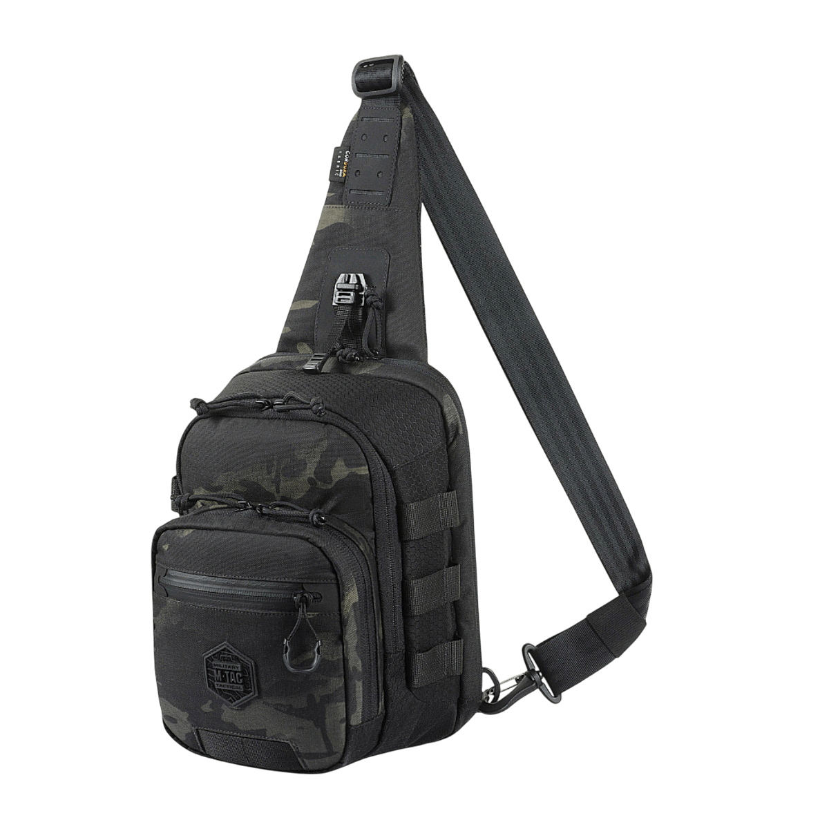 Sort M‑Tac Cross Bag Elite Hex sling pack i Cordura 500 med MIL-SPEC fittings og YKK lynlåse, perfekt til daglig brug og taktisk udstyr.