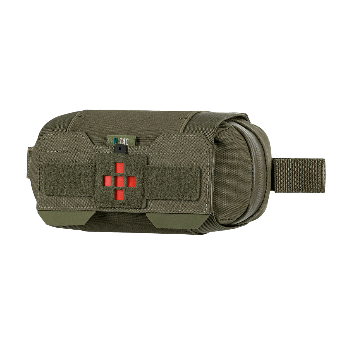 M‑Tac Horizontal Medical Pouch Elite i olivengrøn Cordura 500D materiale med YKK AquaGuard lynlås, set fra siden.