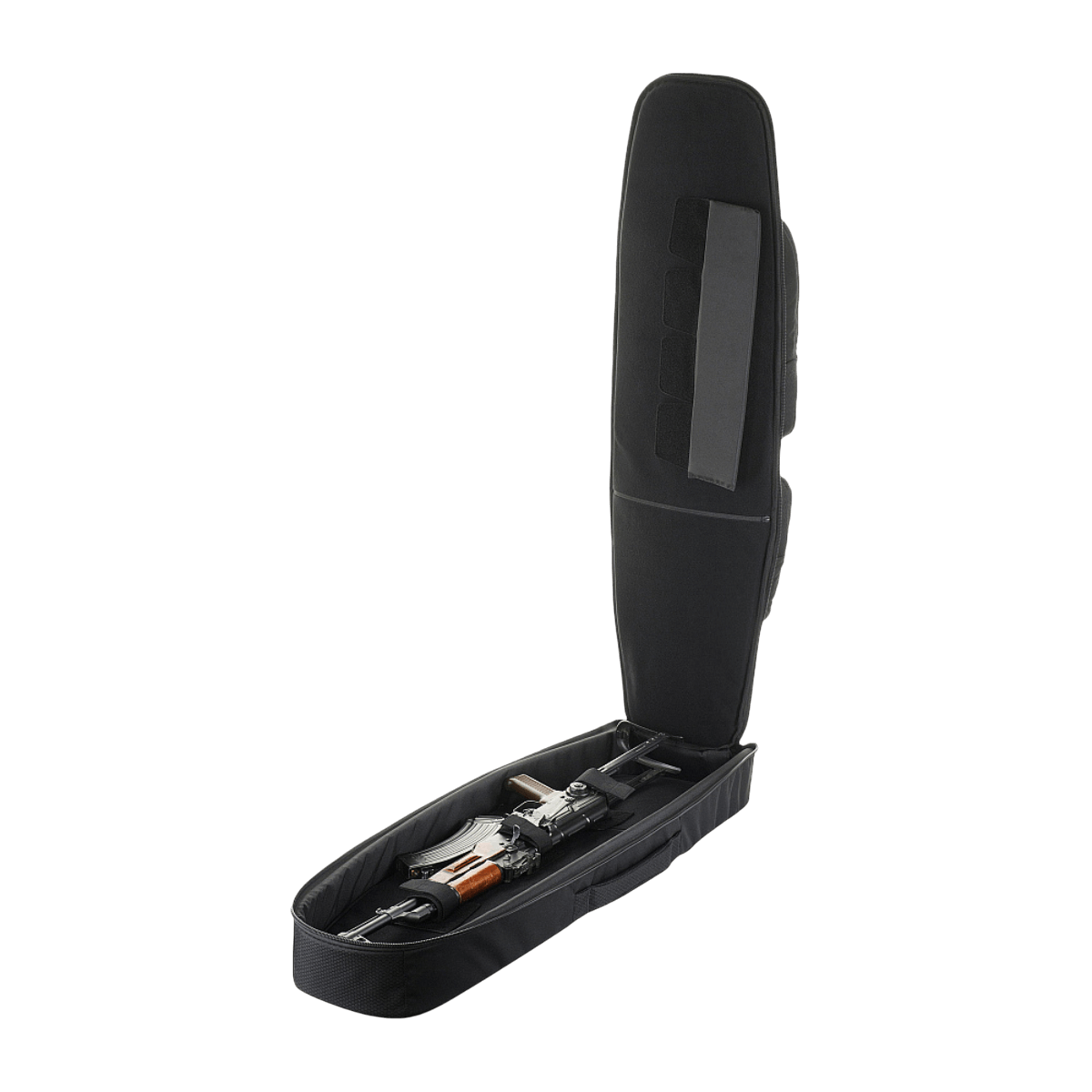 M‑Tac Gun Backpack Case 105 cm Elite Hex med lynlåse og velcro, åben taske viser indvendig opbevaring af skytteudstyr.