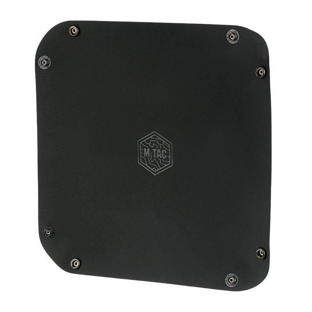 M‑Tac Vedligeholdelsesbakke 24x24 cm i slidstærkt polymer, foldbar med hexagon design og logo, ideel til våbenpleje.