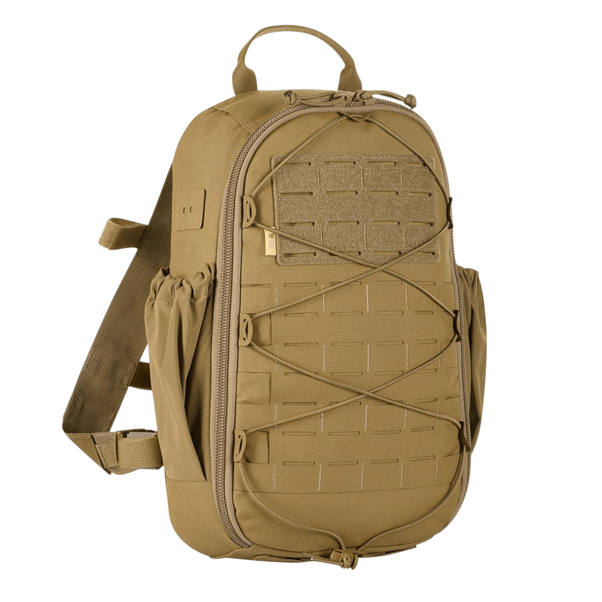 M-Tac STURM Elite Rygsæk i sandfarvet Cordura med MOLLE Laser Cut frontpanel, 15 liter kapacitet og holdbare sidelommer, perfekt til felten.