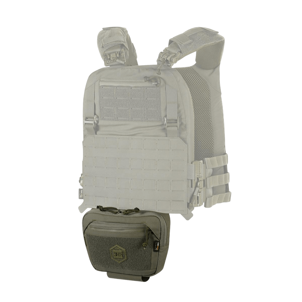 Taktisk vest med M-Tac Large Elite Gen.II Skuldertaske vedhæftet til bunden, ideel til udstyr og daglig transport.