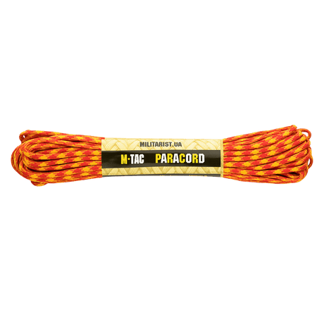 M‑Tac Paracord 550 Type III 15 m i orange og gul til friluft og nødbrug, stærk nylonkordel, 7 tråde, 240 kg brudstyrke.
