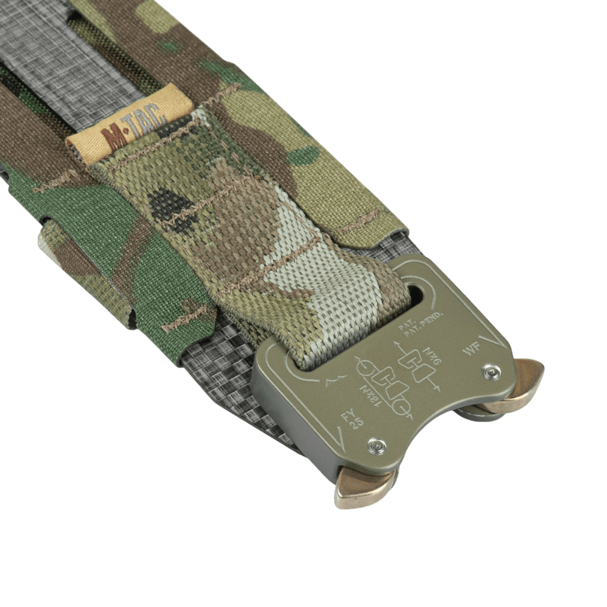 M-Tac Tiger Bælte Cobra Buckle i camouflage design, ideelt til taktisk udstyr med MOLLE-kompatibilitet.
