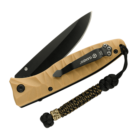 M-Tac Knife Lanyard Scandinavian Granule på en foldet lommekniv med flettet paracord og sort knivblad.