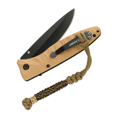 M-Tac Knife Lanyard Scandinavian Granule attached to a tan folding knife, showcasing a braided paracord design for easy access.
