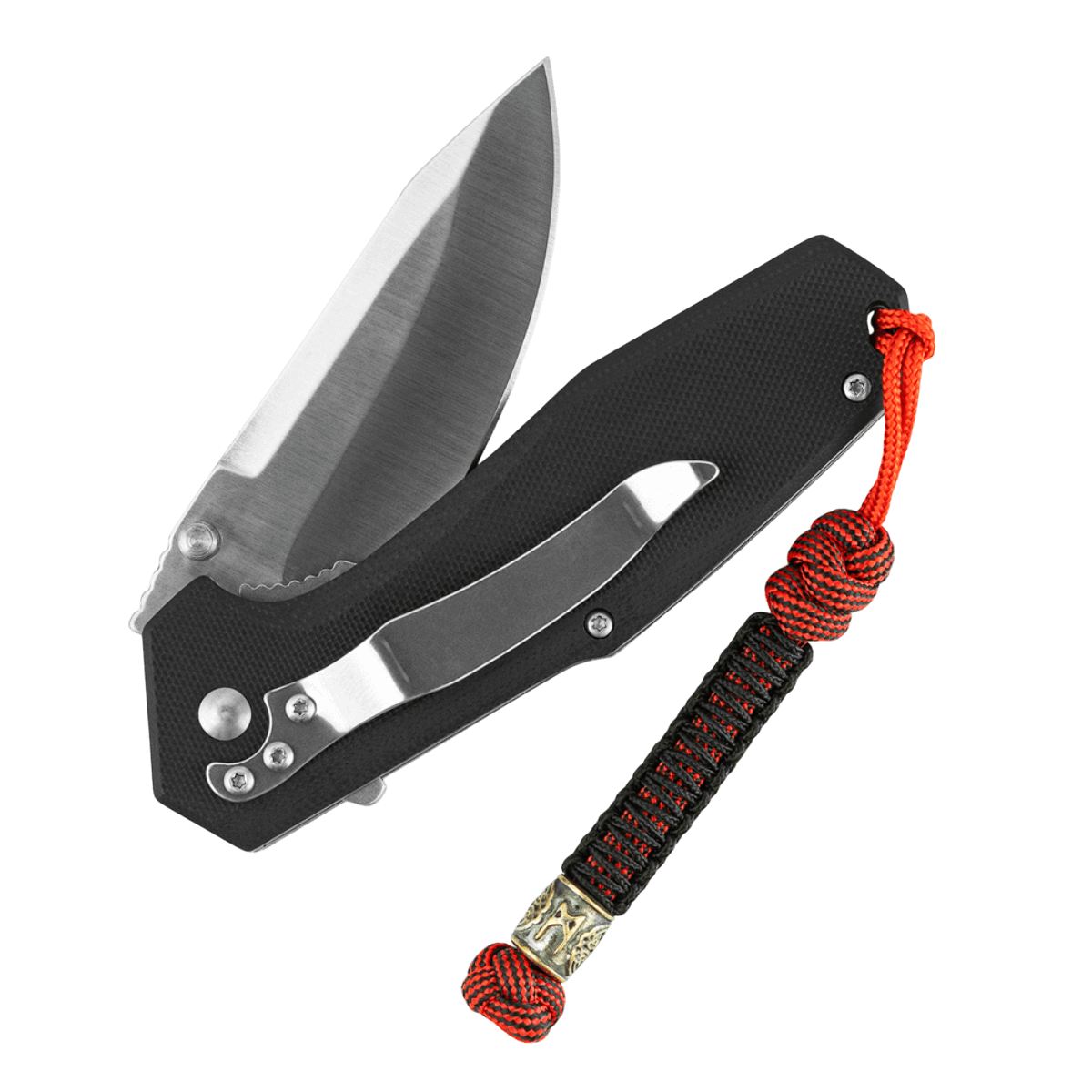 M-Tac Lanyard Scandinavian Mannaz med snoet paracord og dekorativ perle, fastgjort til foldekniv for øget stil og funktionalitet.