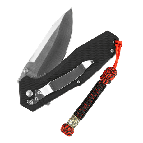 M-Tac Lanyard Scandinavian Mannaz med snoet paracord og dekorativ perle, fastgjort til foldekniv for øget stil og funktionalitet.