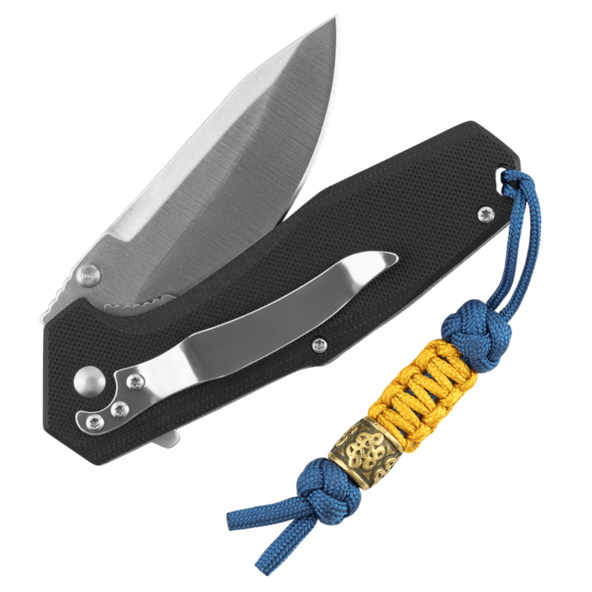 M-Tac Lanyard Scandinavian Small Chinese Knot på en sort kniv med skandinavisk perle dekoration.