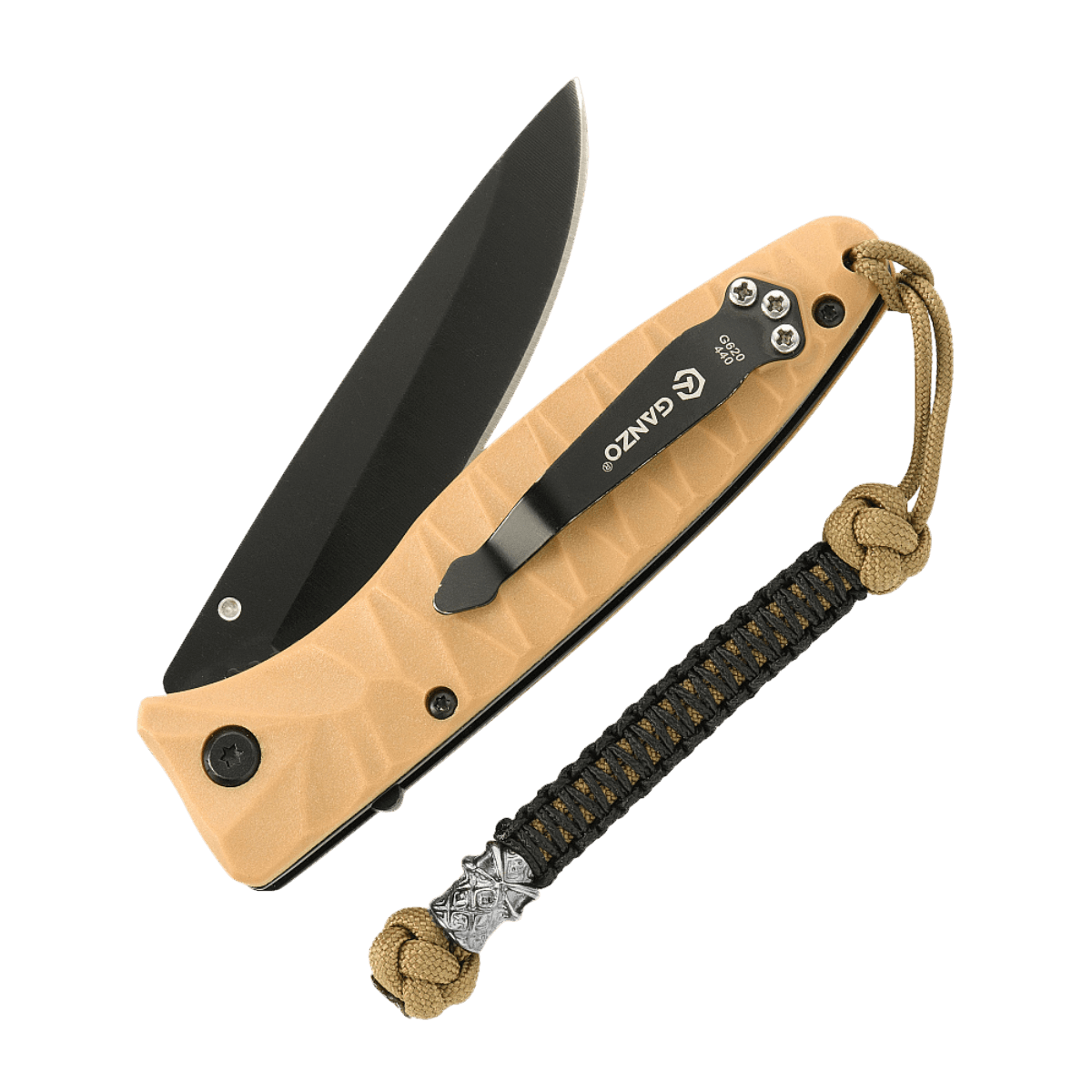 M-Tac Knife Lanyard Ninja in beige with paracord braid, enhancing grip and style, attached to Ganzo pocket knife.