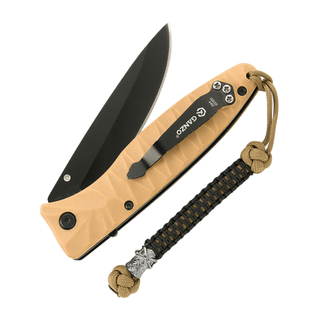 M-Tac Knife Lanyard Ninja in beige with paracord braid, enhancing grip and style, attached to Ganzo pocket knife.