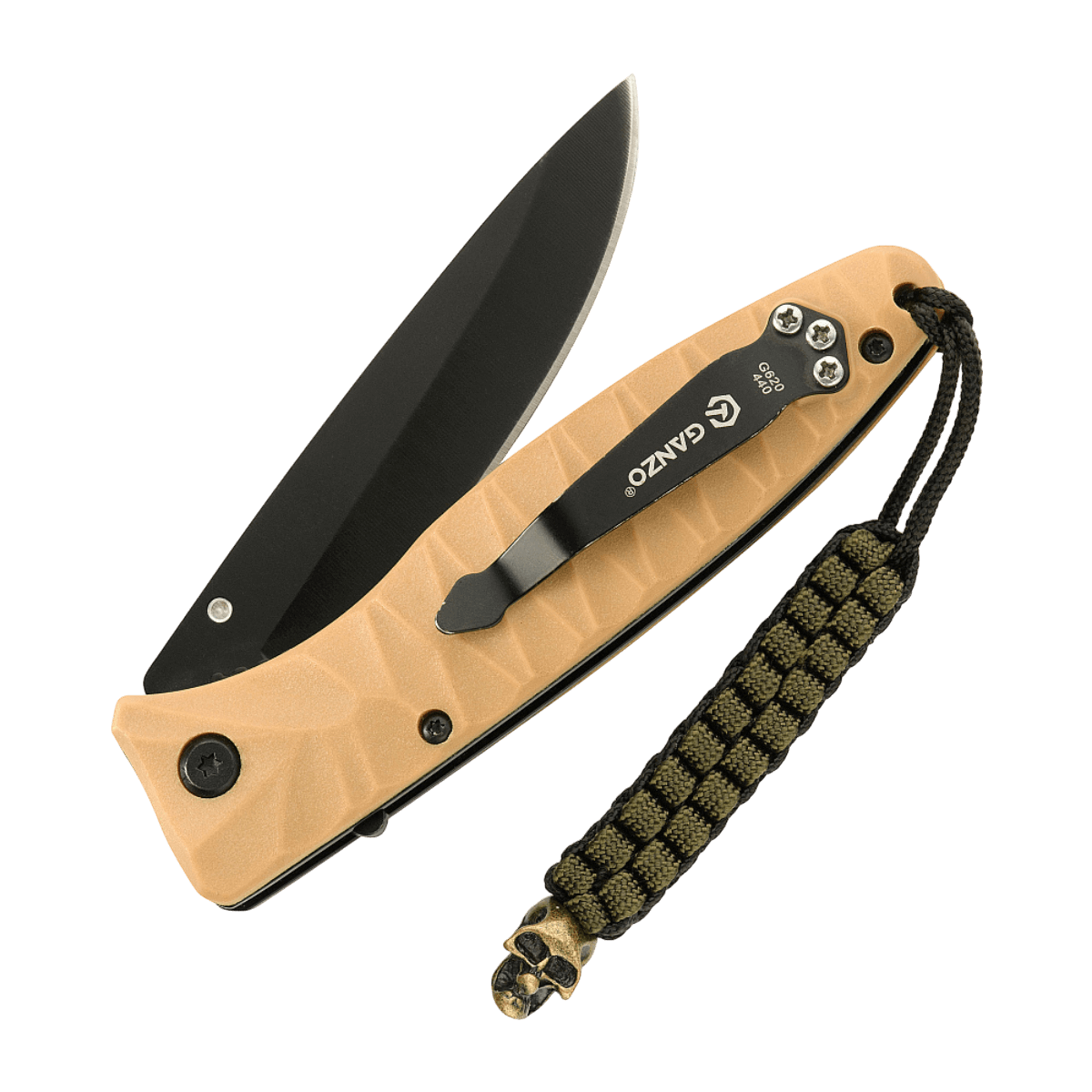 M-Tac Knife Lanyard Cuboid Skull på brun lommekniv med paracord og en dekorativ Cuboid Skull-perle for et unikt og taktisk look.