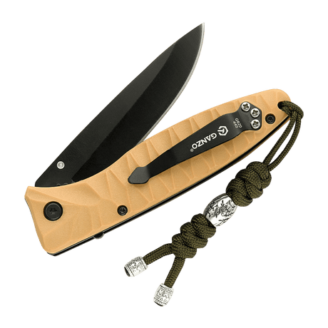 M-Tac Zeus Stainless Steel Lanyard med flettet paracord og dekorative perler, fastgjort til en foldekniv for nem adgang.