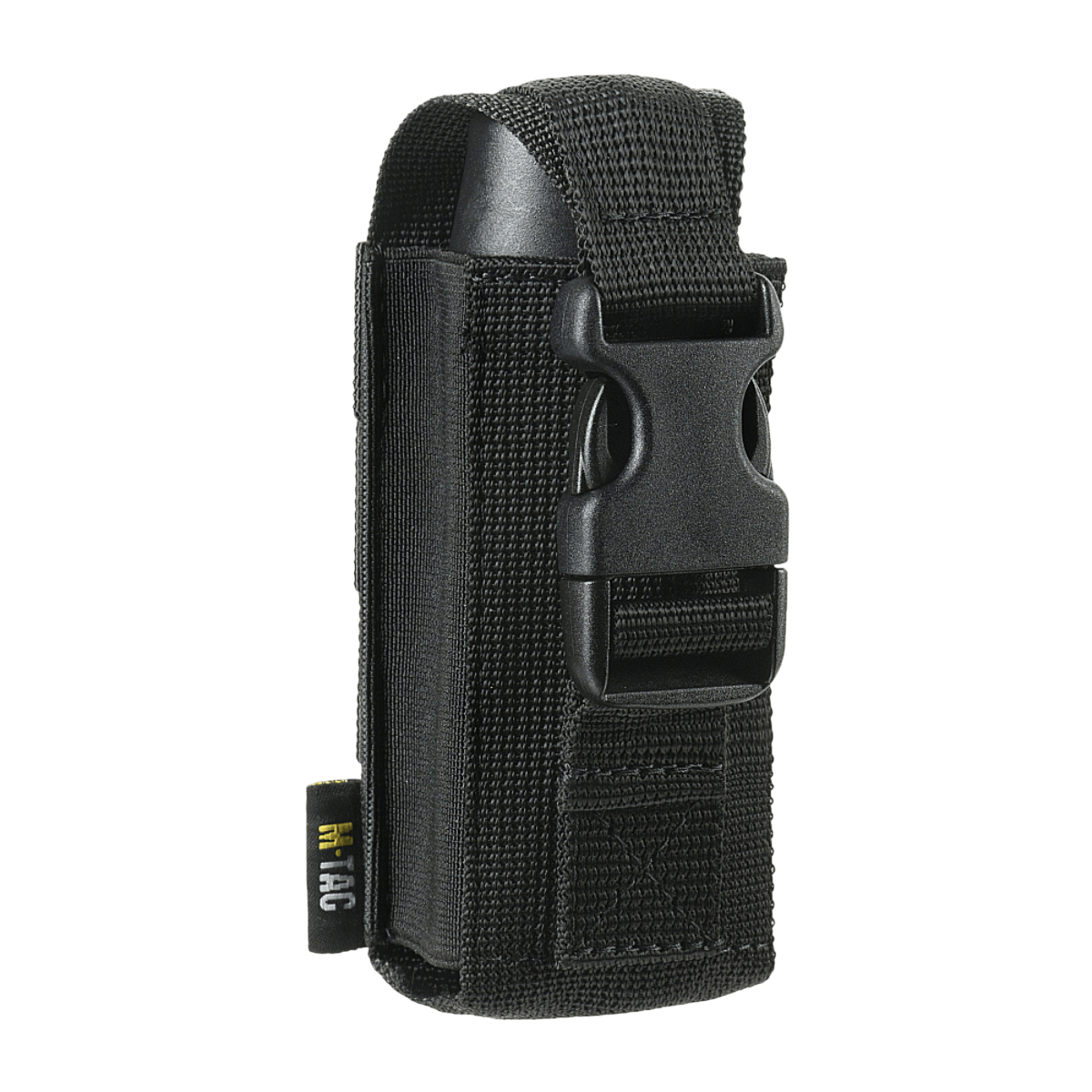 M-Tac Gasdåseholder Vertikal i sort, velegnet til nem adgang, med Woojin-lås, justerbar til gasdåsestørrelse, monterbar med MOLLE-systemet.