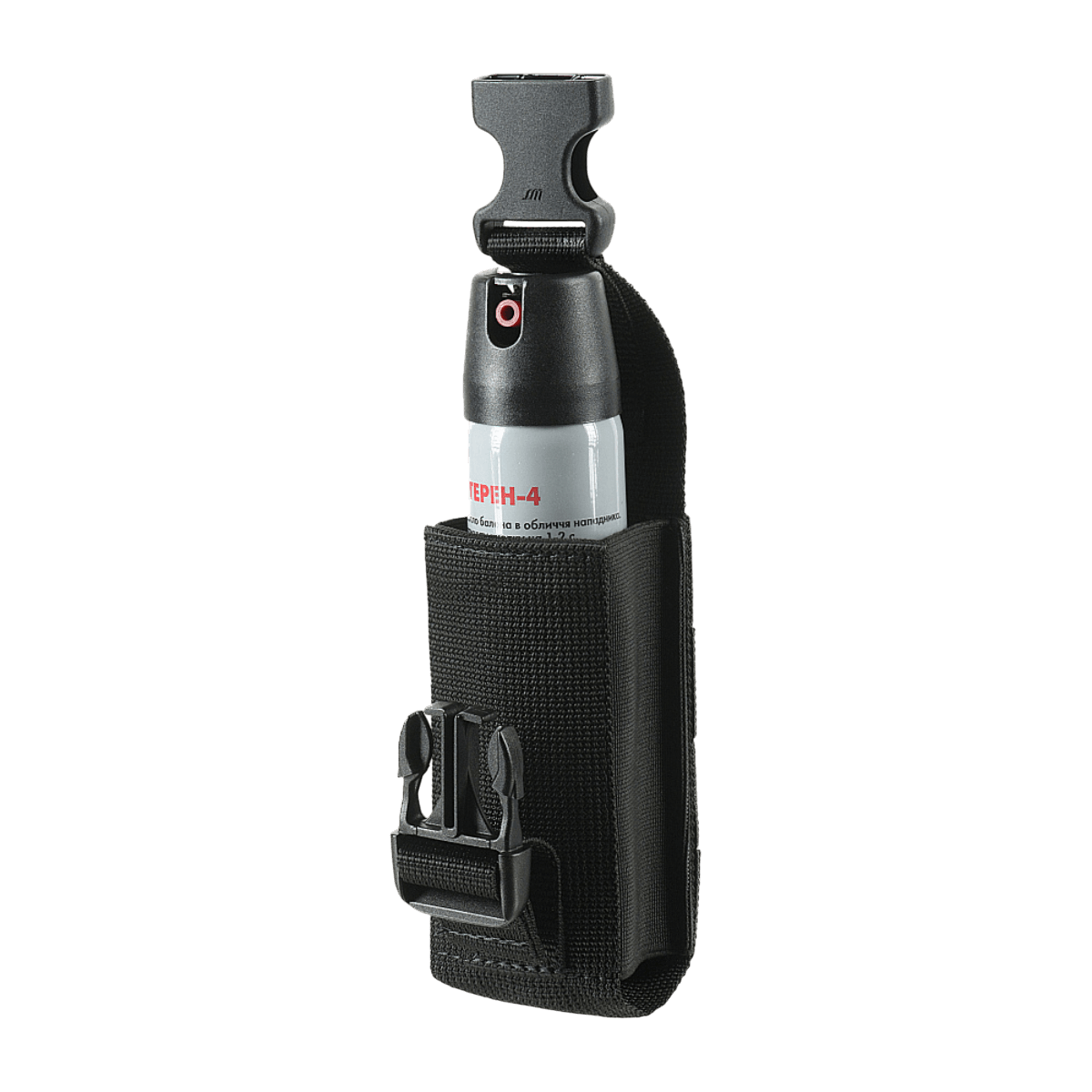 M-Tac Gasdåseholder Vertikal med MIL-SPEC strop og Woojin-lås, billedet viser gasdåseholder monteret og klar til brug.