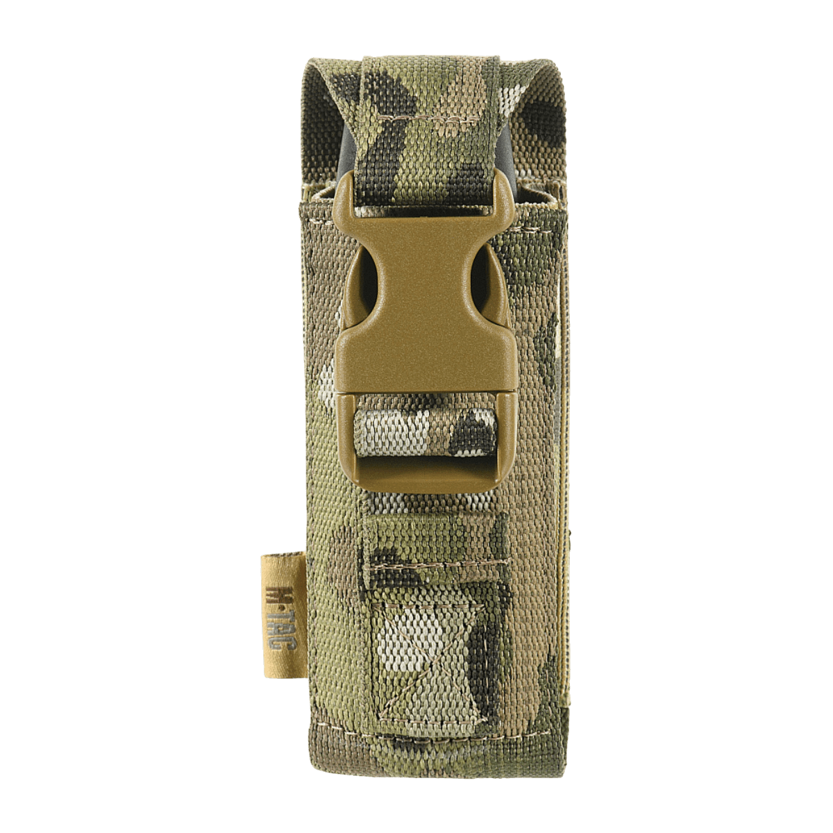 M-Tac Gasdåseholder Vertikal i camouflagefarver med Woojin-lås til sikker montering på MOLLE-system, fremstillet af MIL-SPEC strop.