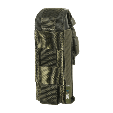 M-Tac Gasdåseholder Vertikal, praktisk MOLLE-monteret gasflaskeholder i olivengrøn med MIL-SPEC strop og Woojin-lås, sidevisning.