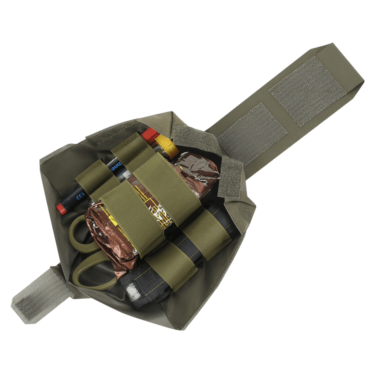 M-Tac Mediclomme Small Vertical Elite vist åben i gallery position 1 med intern IFAK-organizer i slidstærkt, NIJ-certificeret multicam nylon