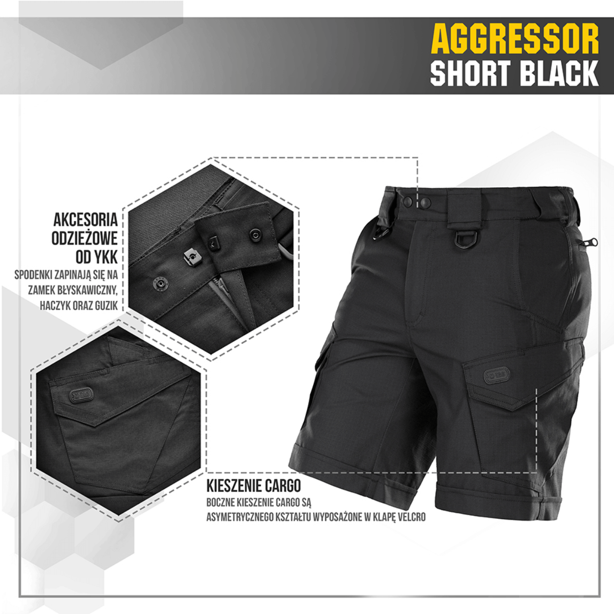 M-Tac Shorts Aggressor Short i sort med taktiske funktioner, YKK lynlåse og lommer, ideelle til udendørs brug.