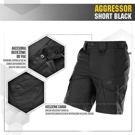 M-Tac Shorts Aggressor Short i sort med taktiske funktioner, YKK lynlåse og lommer, ideelle til udendørs brug.