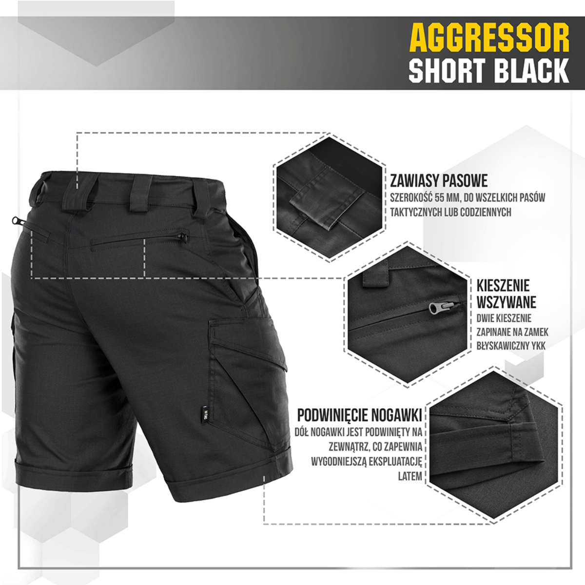M-Tac Shorts Aggressor Short i sort med taktiske detaljer og YKK lynlåse, designet til komfort og funktionalitet. Ideelt til varme dage.