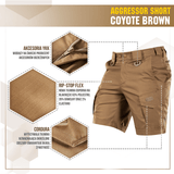 M-Tac Shorts Aggressor Short i coyote brown med taktiske funktioner, herunder YKK lynlåse og rip-stop flex materiale.