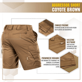 M-Tac Shorts Aggressor Short i coyote brown, taktiske funktioner med YKK lynlåse og elastisk polycotton for komfort.