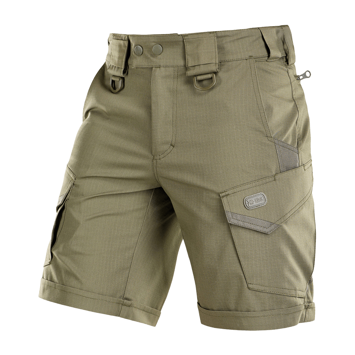 M-Tac Shorts Aggressor Short i grøn, taktiske knælange shorts med D-ringe, YKK lynlåse, ideelle til varme dage og aktiv brug.