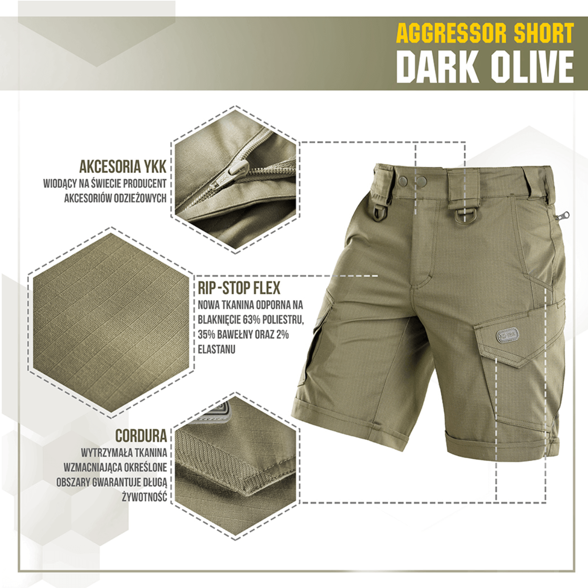 M-Tac Shorts Aggressor Short i mørk oliven med taktiske funktioner og rip-stop flex materiale, ideel til aktive dage.