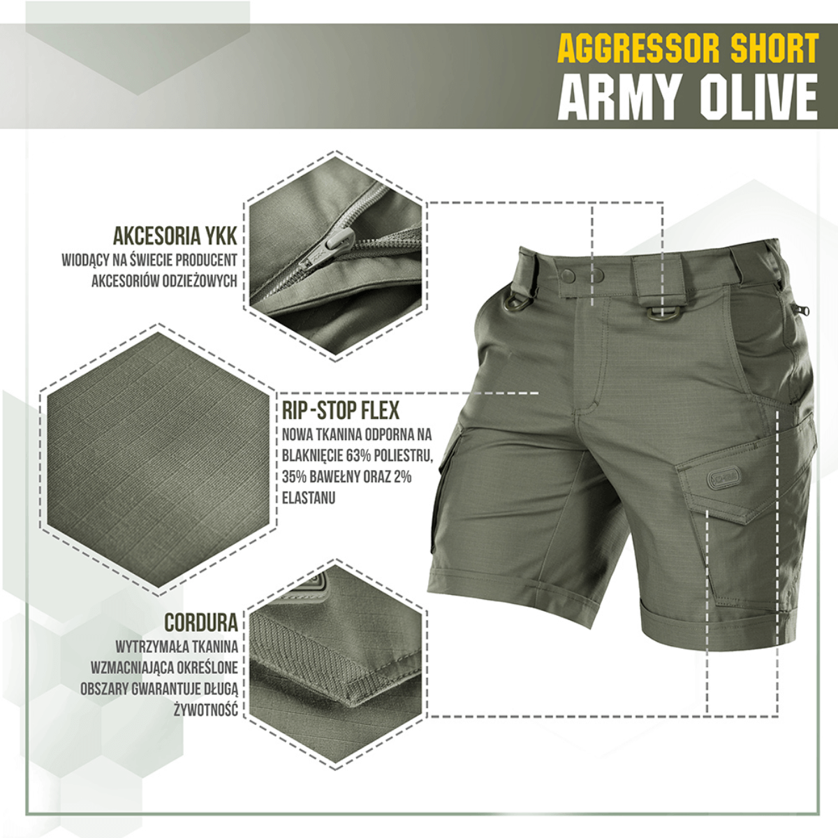M-Tac Shorts Aggressor Short i Army Olive, lavet af elastisk polycotton rip-stop for komfort og bevægelsesfrihed, med YKK lynlåse.