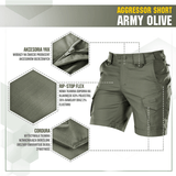 M-Tac Shorts Aggressor Short i Army Olive, lavet af elastisk polycotton rip-stop for komfort og bevægelsesfrihed, med YKK lynlåse.