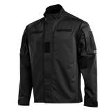 M-Tac Jakke Patrol Flex i sort med ståkrave og Velcro, designet til taktisk brug, synlige brystlommer og forstærkede skuldre.